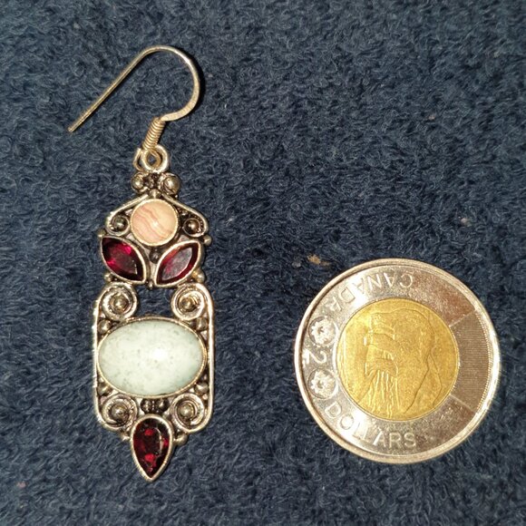 Victorian Genuine NATURAL Garnet, Rhodolite & Variscite 925 Silver Earrings - Picture 5 of 14